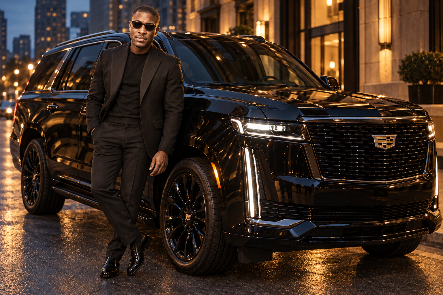 AI-styled editorial of AWKARI in an all-black suit beside a black Escalade on a city street at dusk