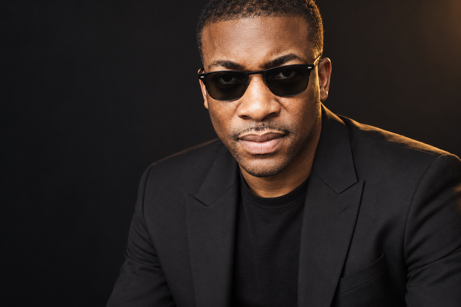 Stylized portrait of AWKARI in a black jacket and dark sunglasses, with warm gold studio lighting